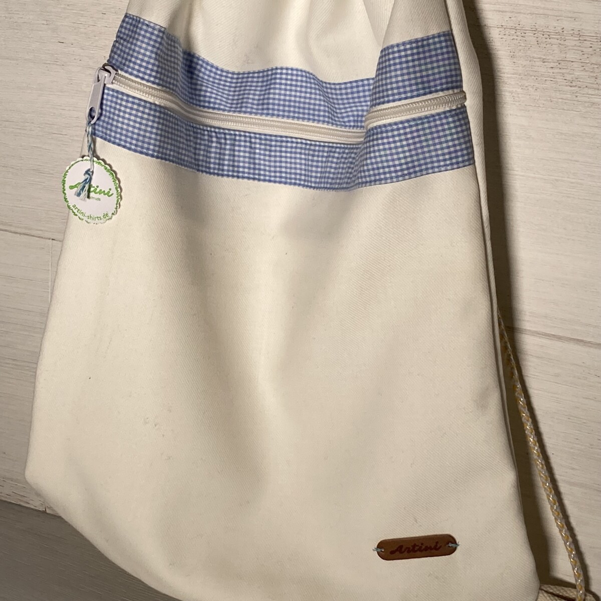 Upcycling Turnbeutel weiß/ hellblau