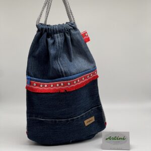 Turnbeutel Jeans mit rotem Band